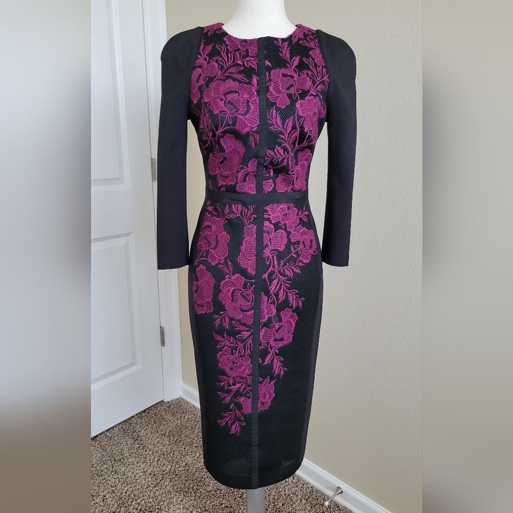 Ted Baker Magenta Embroidery Pencil Dress Size 2
